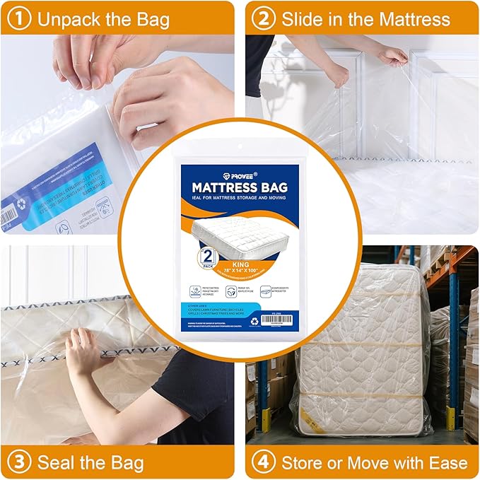 2 Pack King/Cal King Mattress Bag for Moving and Storage, Clear Plastic Mattress Cover for Moving, Waterproof Mattress Disposal Bags