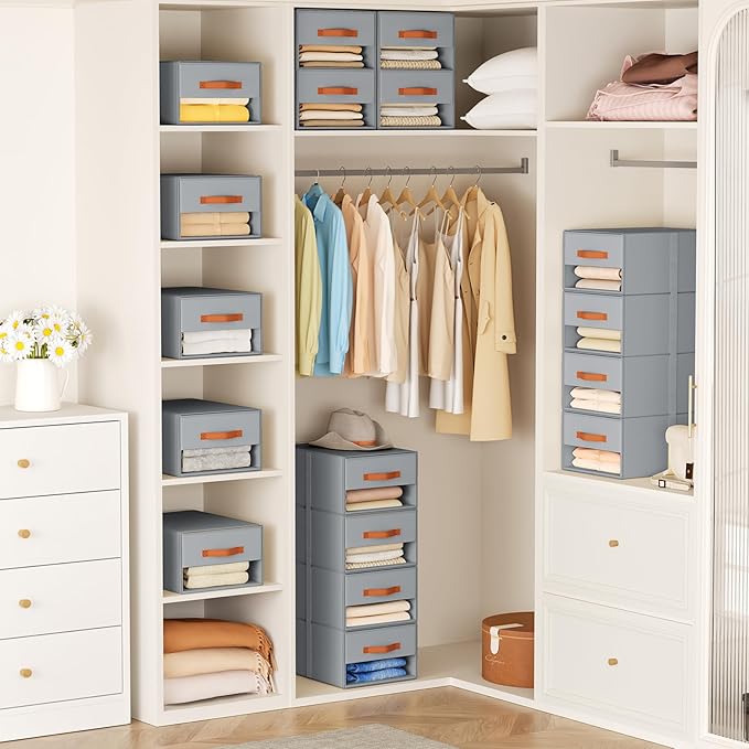 DIMJ Closet Organizers and Storage - Fabric Bins with Drawers for Closet Foldable Clothes Organizers with Clear Window, Stackable Storage Drawers Units for Bedroom, Living Room, Medium 6-Pack, Grey