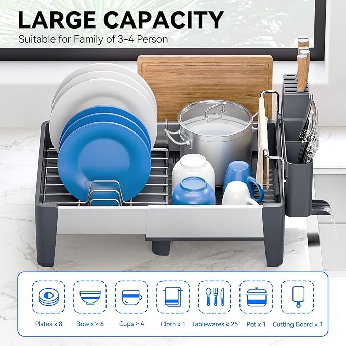 Urackify Expandable Dish Drying Rack, Stainless Steel Dish Rack with Aluminum Frame, Dish Drainer for Kitchen Counter, Space Saving Kitchen Drying Rack with Movable Utensil Holder, Gray