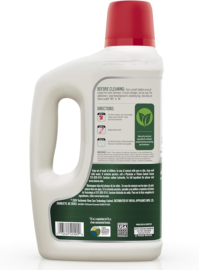 Hoover Pure Essentials Carpet Cleaner Solution, 50 oz., Fresh Rain Scent, Natural Plant Based Formula, Deep Cleaning Carpet Shampoo Solution, Pair with Hoover Carpet Cleaner Machine