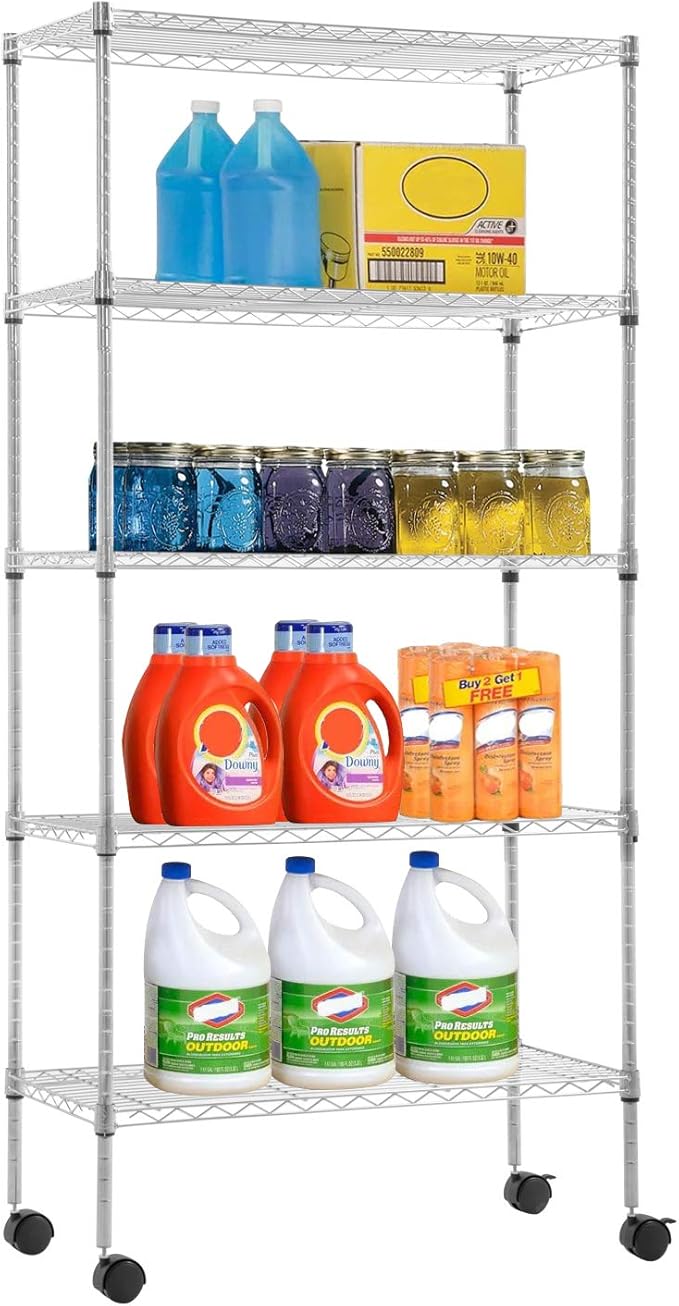 30" L×14" W×60" H Wire Shelving Unit Commercial Metal Shelf with 5 Tier Casters Adjustable Layer Rack Strong Steel for Restaurant Garage Pantry Kitchen Garage，Chrome