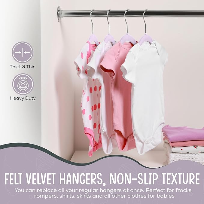 TechZoo 50 Premium Velvet Baby Hangers 11.8" Inch Non-Slip Infant, Ultra Slim Space-Saving Children Closet Hangers, 360° Swivel Hook, Strong & Durable Baby Toddler Kids Clothes Hanger, Purple