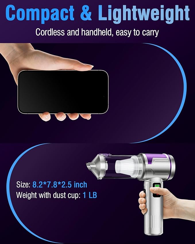 Handheld Car Vacuum Portable Cordless, 22000Pa High-Power Suction Hand held Vacuum Cleaner & Air Duster for Car Cleaning, Home, Office, Pet Hair | Multi-Nozzle, Washable Filter, LED Light