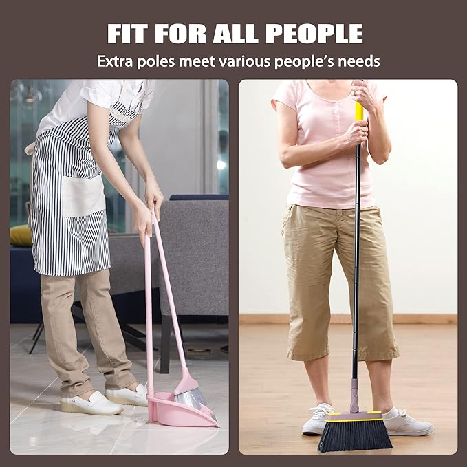 Broom and Dustpan Set for Home with 54 Inches Long Handle, Upright Stand Up Dust Pan with Teeth, 180 Degree Swivel Head Broom for Home Kitchen Lobby Room Office Floor Indoor Outdoor