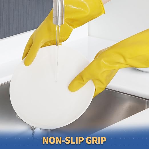 BOOMJOY Rubber Cleaning Gloves, Heavy Duty Dishwashing Gloves, Reusable Medium Gloves for Kitchen, Bathroom, Gardening, Working, Pet Care - Yellow, 3 Pairs, Size M