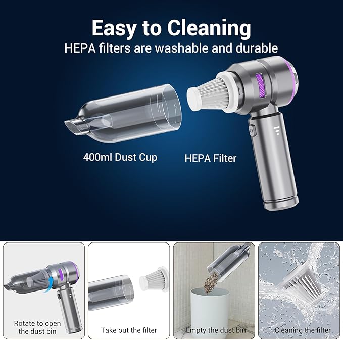 Portable Mini Car Vacuum Cleaner – Powerful Cordless Handheld Vacuum, 21000Pa Suction, Rechargeable, Long Runtime, 3 Adjustable Power Levels, Lightweight, 2-in-1 Suction & Blowing Function