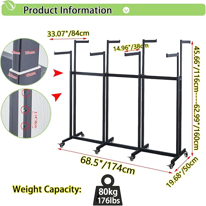 Floor Standing Metal Garment Rack - Heavy Retail Display Racks With Wheels, 8 Arms Clothing Rack, Square Tubing Portable Shirt Racks, Merchandise Display For Hanging Clothes (L-Black)
