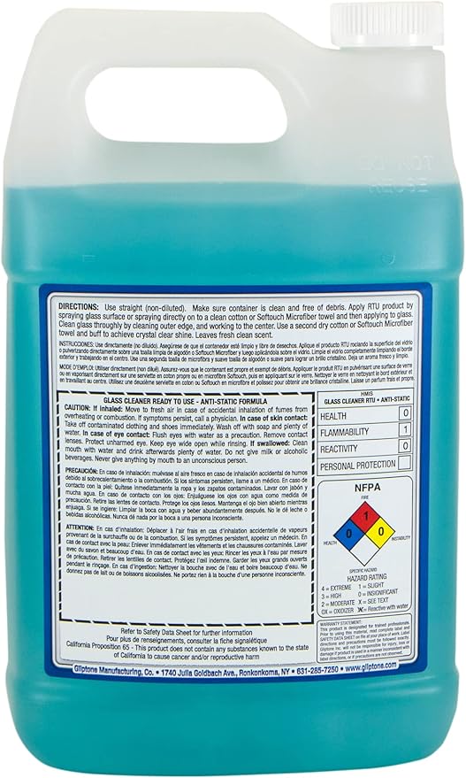 Gliptone Glass Cleaner, Ready-to-Use with Anti Static/Non-Streak Formula, Repels Lint & Dust, Safe for All Glass and Hard Surface Applications (1 Gallon)