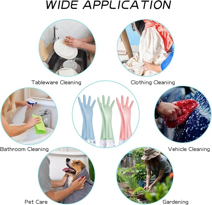 3Pcs Reusable Dishwashing Gloves, Waterproof Long Cuff Non-Slip Household Gloves With Cotton Lined For Laundry, Cleaning, Working, Gardening