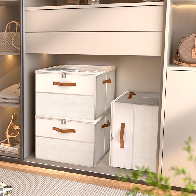 Shoe Organizer for Closet,2 Pack Foldable Shoe Storage Organizer Box Bin with Adjustable Dividers and Clear Cover, Fits up to 16-32 Pairs（Beige）