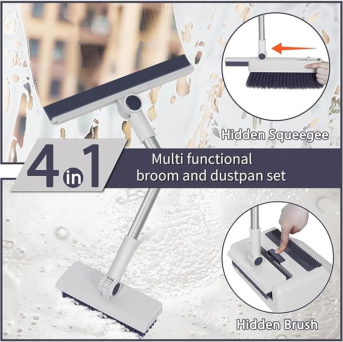 SDSM Broom with Dustpan Combo Set, 4 in 1 Multifunctional Broom and Dustpan with 52" Long Handle, Concealed Squeegee and Cleaning Brush, for Clean Home Kitchen Bathroom Office, Indoor Outdoor Floor
