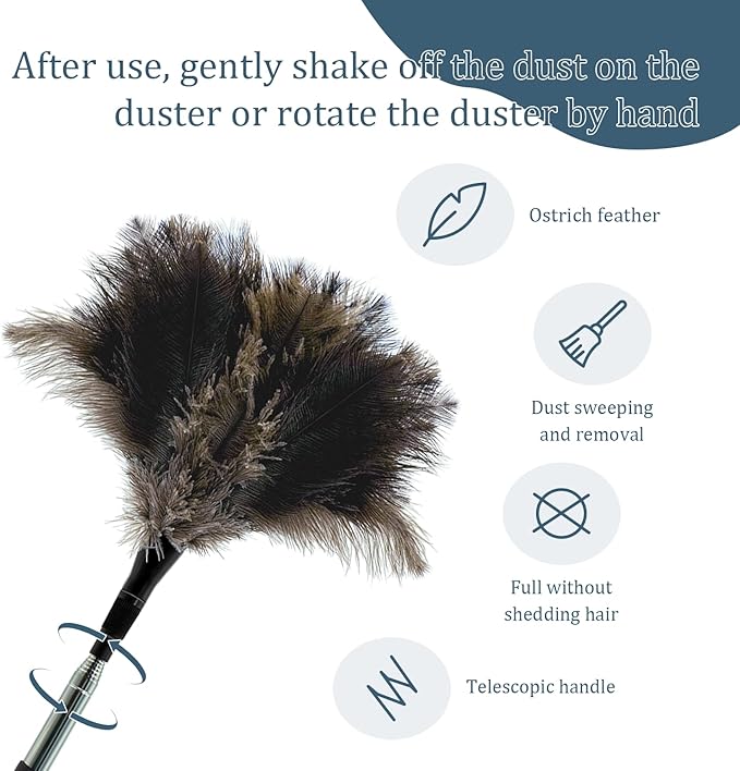 Extendable Feather Duster - 47 inches Fluffy Long Handle Reusable Feather Duster for Cleaning Ceiling Fan,Pendant lamp, High Ceiling, Blinds, Furniture，Ostrich Feather Duster