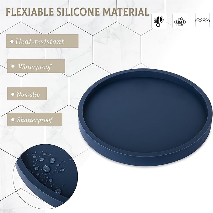 Silicone Bathroom Tray Round Vanity Tray Decorative Soap Holder Kitchen Countertop Organizer Coffee Table Decor for Candle, Perfume, Plant, 10 Inch, Dark Blue