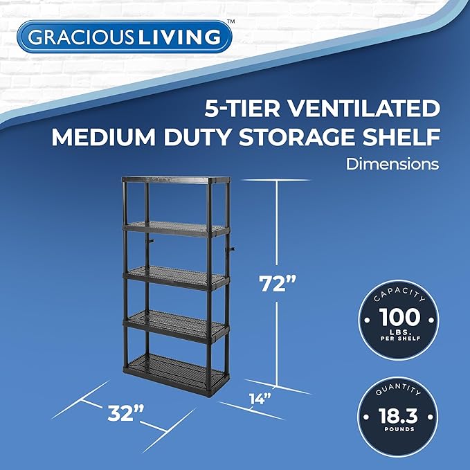 Gracious Living 5 Shelf Fixed Height Ventilated Medium Duty Storage Unit 14 x 32 x 72" Organizer System for Home, Garage, Basement, & Laundry, Black