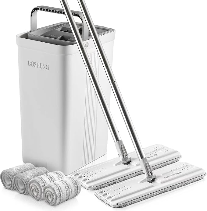 Mop and Bucket with Wringer Set, Flat Floor Mop and Bucket, with 2 Mops and 4 Microfiber Cleaning Cloths for Floor Cleaning, Wet and Dry Use