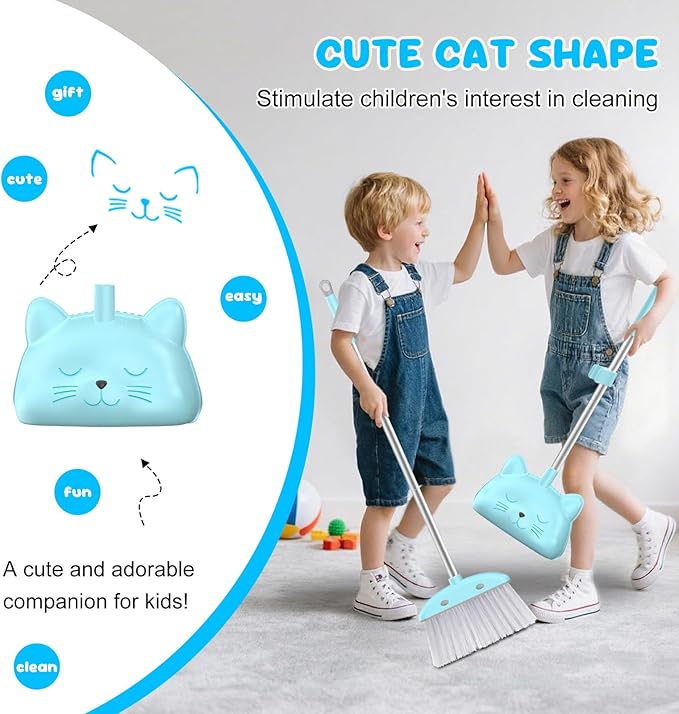 Mini Broom with Dustpan for Kids, 28-in Handle Kids Broom and Dustpan Set for Toddlers Cat-Shaped Children Broom and Cleaning Set Boys Girls Small Housekeeping Helper Set, Blue
