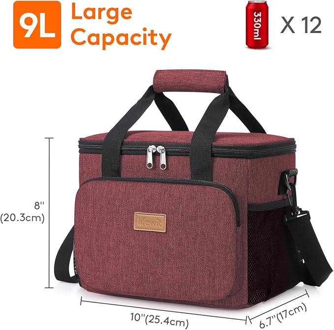 Lifewit Medium Lunch Bag, Insulated Lunch Box, Soft Cooler Cooling Tote for Adult Men Women, Burgundy 12-Can (9L)