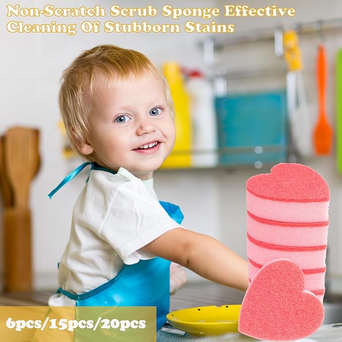 Heart Shaped Non-Scratch Scrub Sponge, Dual-Sided Cleaning Kitchen Sponge and Scrubber for Washing Dishes, Pots & Pans and Household Cleaning Supplies, 20 Pcs Scrubbing Sponges