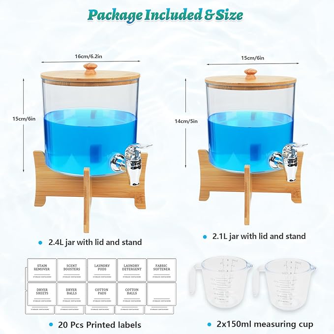 2*Laundry Detergent Dispenser with Shelf & Bamboo Lid - 158 Oz Liquid Detergent, Laundry Soap & Fabric Softener Dispenser for Laundry Room Organization and Storage with 2 Cups & 20 Labels