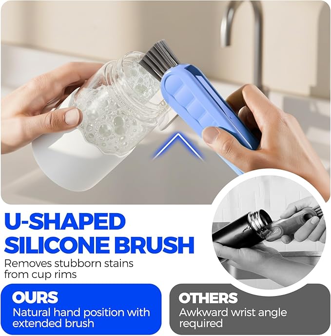 6 Pack Holikme 4 in 1 Cup Lid Cleaning Brush Set with 3 Straws, Multifunctional Bottle Brush, Silicone Cup Lid Gap Cleaner, Durable Bristle Crevice Cleaning Brush, Blue & Yellow & Red