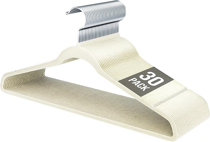 Velvet Hangers 30 Pack, Slim Non-Slip Clothes Hangers Space-Saving for Closet, Heavy Duty for Pants, Coats, Skirts, Jeans, Sweaters and More, Nylon-Flocked, Ivory