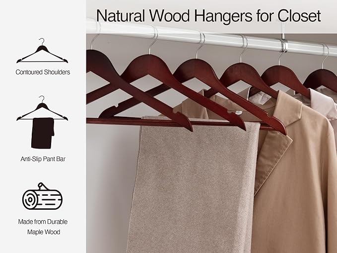 StorageWorks Wooden Hangers 30 Pack, Wood Coat Hangers for Closet, Heavy Duty Clothes Hangers for Suits, Shirts, Pants, Jackets, Dark Cherry Color