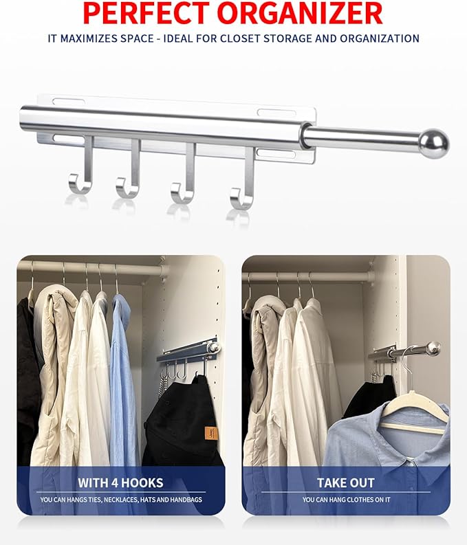 BaiNong 12 inch Valet Rod for Closets Pull Out Closet Valet Rod Slide Out With 4 Hooks Silver Pull Out Clothes Hanger