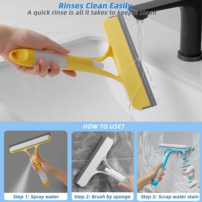 3 in 1 Window Squeegee, Cleaning Scraper with Scrubber Sponge Sprayer Clean Kit for Glass, Tile Walls, Shower Door, Car, Bathroom Cleaner (White)