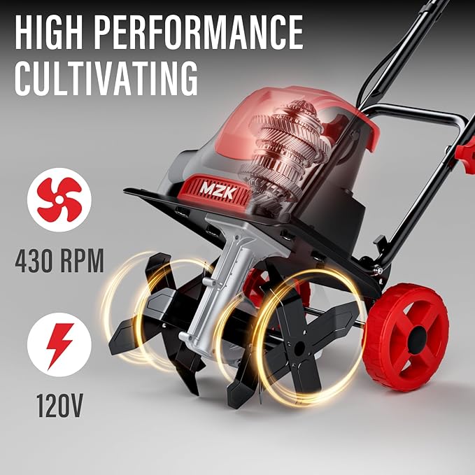 MZK 12-Inch 10.5 Amp Corded Electric Tiller/Cultivator for Gardening, 8-inch tillling Depth with Adjustable Wheels, Electric Garden Rototiller for Lawn/Yard/Garden Soil Digging,TC12A03