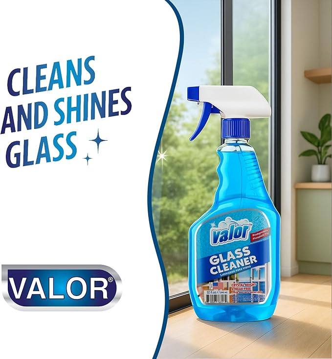 Valor Glass Cleaner Trigger Sprayer – Streak-Free Shine for Glass & Mirrors, 32 fl oz (32 Fl Oz (Pack of 6))