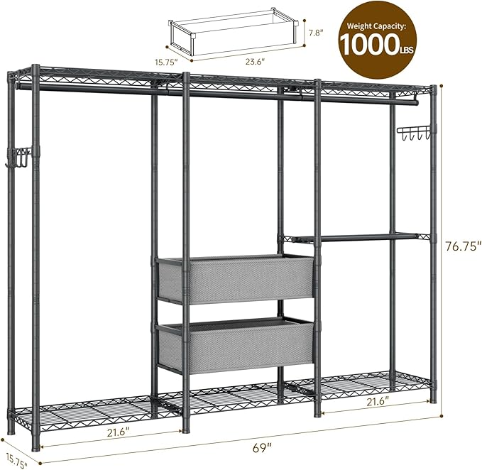 Golpart Coat Rack Clothes Wardrobe：Closet Organizer and Storage Clothing Garment Rack with Shelves Heavy Duty for Hanging Clothes Portable Adjustable Black 15.8" DX69 WX76.75 H