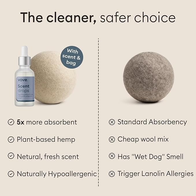 Vove Natural Hemp Dryer Balls Kit with Scent Drops - 4 Pack & Essential Oil Blend - 5X More Absorbent Than Wool - Natural Softener, Reduces Wrinkles and Static, Customizable Fresh Scent, Reusable