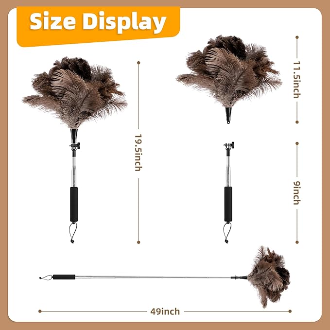 Extendable Ostrich Feather Duster with 19-49 inch Rotatable Stainless Steel Pole, Natural Feather Duster for Ceiling Fan Cobweb Dusting, Reusable Flexible Cleaning Duster(Include 1 Replacement Heads)