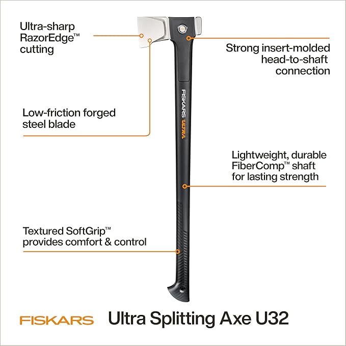 Fiskars Ultra Splitting Axe U32, Precision-Ground RazorEdge Double-Hardened Steel Blade Stays Sharp, Perfected Weight Balance & FiberComp Shaft for Large Log Splitting & Firewood, 32", Black