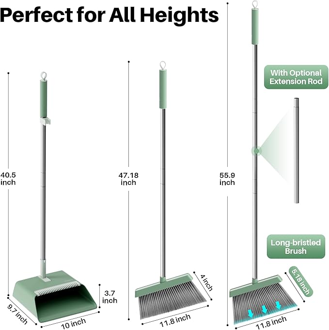 JOYMOOP Dark Teal Green Broom and Dustpan Set, Upright Angle with Built-in Comb Teeth, Ideal for Home, Office, Hardwood, Pet Hair