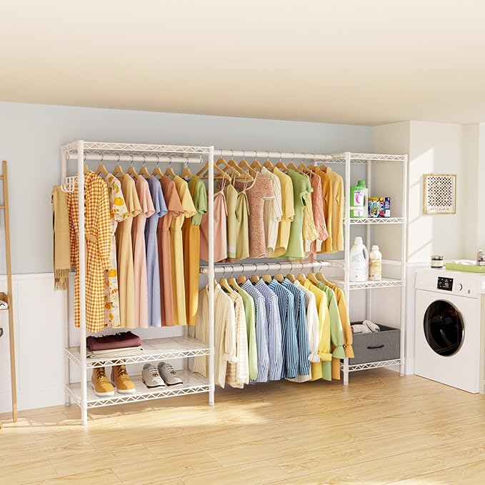 Golpart Coat Rack Clothes Wardrobe：Closet Organizer and Storage Clothing Garment Rack with Shelves Heavy Duty for Hanging Clothes Portable Adjustable White 15.8" Dx(70-88.5)" Wx76.5 H