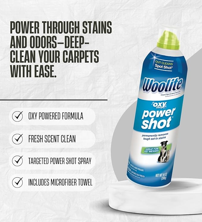 Woolite Oxy Deep Power Shot Fresh Scent Carpet Cleaner 14 oz Liquid Bundle with Microfiber Cloth – Removes Stains and Odors from Carpet and Upholstery – Gift Set (3 Items)