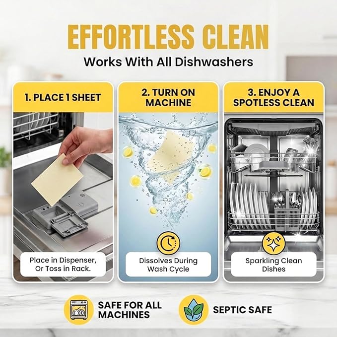 Lucent Globe Dishwasher Dishwashing Detergent Sheets, Dish Soap & Dishwasher Tablets Alternative. Plant-Based, Eco-Friendly, Fully Biodegradable, Lemon Scent (1 Pack of 64 Washes)