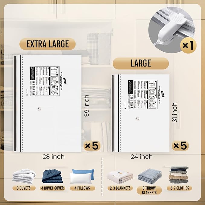 TAILI 10 Pack Vacuum Storage Bags, LONG SIDE ZIP (5 Large+5 Jumbo), Multi-Size Vacuum Seal Bags for Clothing, Storage Bulky Beddings, Comforters and Clothes, Space Saver for Closet Organization
