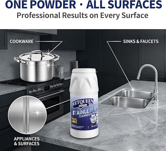 WETQUEEN Stainless Steel Cleaner and Polish Kit - Heavy Duty Cookware Cleanser Powder with 3 Pads - Removes Burnt Stains, Rust, Water Spots & Grease from Pots, Pans, Sinks & Appliances (12.35 oz)