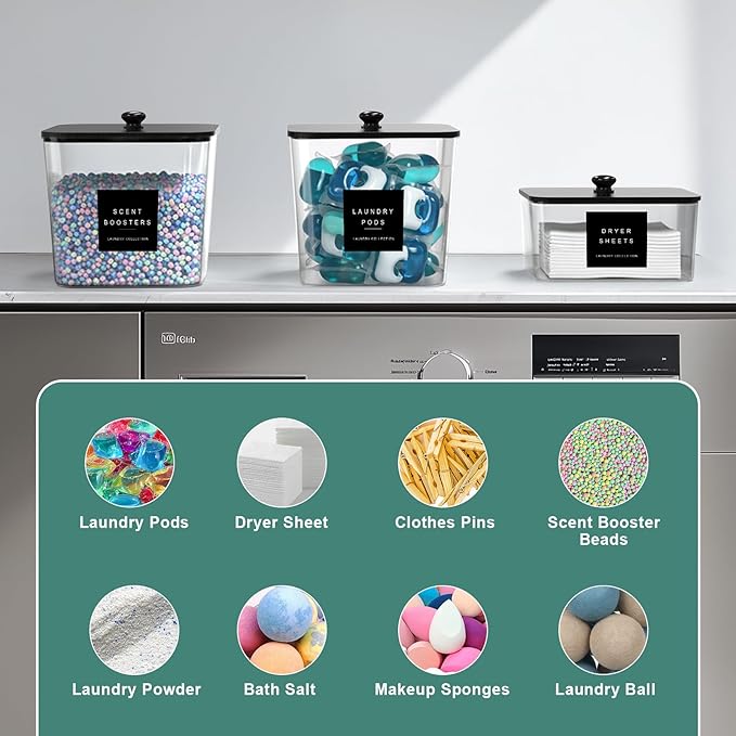 POLRAI 3 Pack Laundry Pod Containers and Dryer Sheet Holder Clear Jars with Bamboo Lids and Labels Laundry Room Organization Containers for Scent Booster Powder Detergent Pods Storage