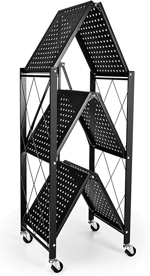 HealSmart Heavy Duty 3-Tier Foldable Metal Rack, 14.96" D x 27.95" W x 34.25" H Storage Shelving Unit 750 lbs with Wheels Moving Organizer Shelves for Garage Kitchen, Black