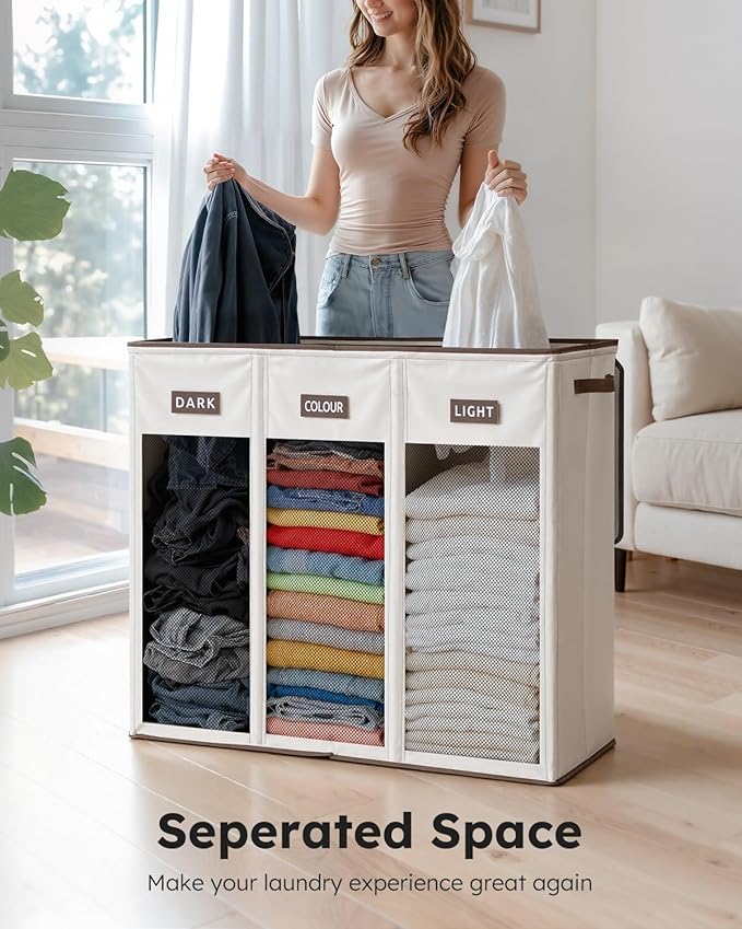 SOLEDI 200L 3-Section Laundry Hamper with Lid, Extra Large Dirty Clothes Basket with Sturdy Handles for Laundry Room & Bedroom - Durable Organizer for Sorting Laundry
