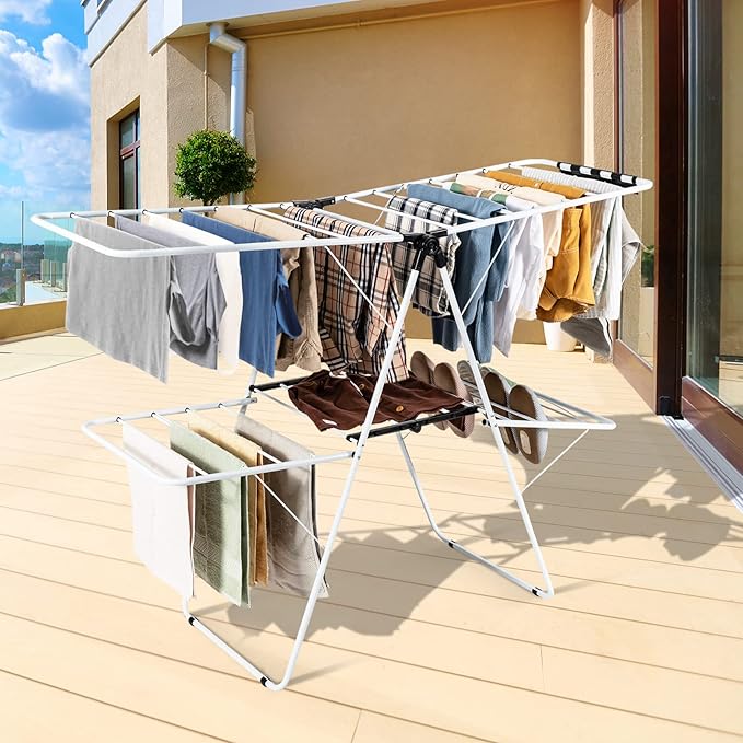 COSTWAY Clothes Drying Rack, Foldable 2 Tier Clothing Rack with Height-Adjustable Wings, 33 Drying Rails & Sock Clips, Portable Space Saving Laundry Drying Rack for Apartment, RV, Indoor & Outdoor Use