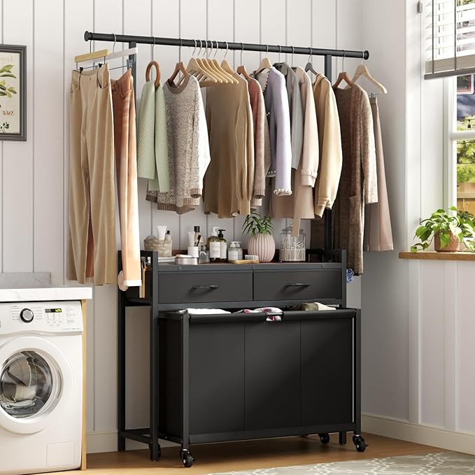 STIKELY Laundry Sorter Hamper with Hanging Cloth Rack, Laundry Basket with 3 Section Pull-Out Rolling Bags, Laundry Sorter for Organization and Storage with 2 Drawers for Laundry Room (Vinatge Brown)