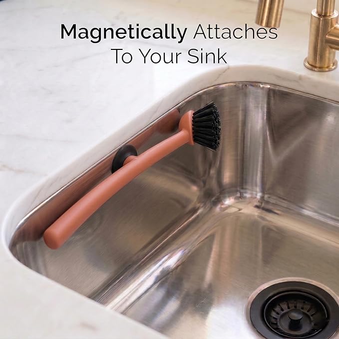 Earth & Mango Magnetic Dish Brush & Scraper, Snaps to Sink, Non-Scratch, Dishwasher Safe, Dish Scrubber – Terracotta Clay