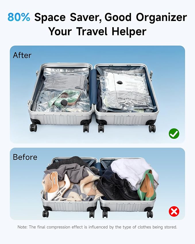 20 Pack Travel Vacuum Bags with Upgraded Rechargeable Pump, 4 Sizes Space Saver Vacuum Storage Bags for Luggage and Suitcase, Compression Bags for Packing, Vacuum Seal Bags for Clothing Travel