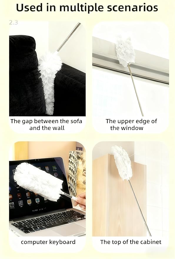 Heavy Duty Duster Refills, Disposable Dusters Kit for Cleaning Dusting Furniture Blind Ceiling Fan, Multi Surface 360 Feather Duster(10)+3FT Extended Handle（1） (White)