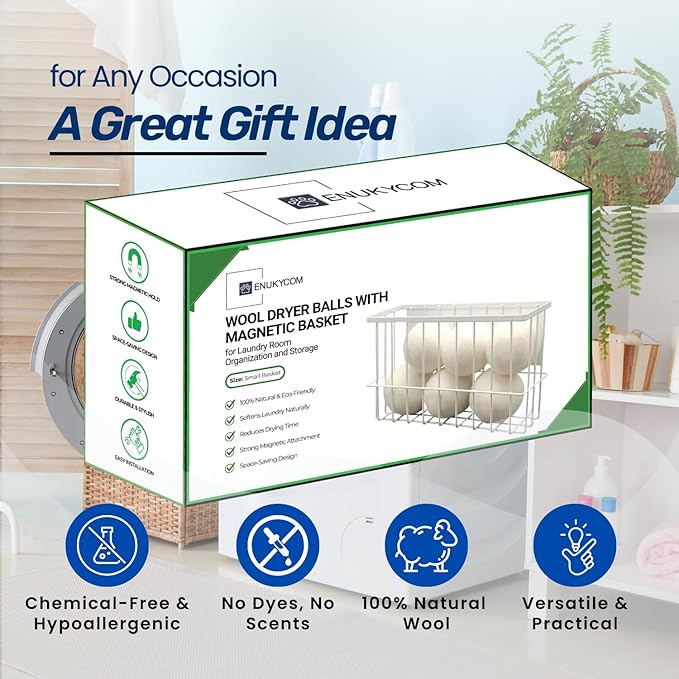 Magnetic Dryer Ball Holder Plus 6 XL Wool Dryer Balls from New Zealand Wool- Laundry Dryer Balls Storage Containers: Easy Install Without Tools, Magnetic Basket for Dryer Balls