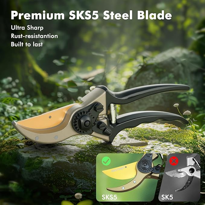 RESTMO 8.6" Professional Pruning Shears, Premium Titanium SKS5 Steel Blade for Long-Lasting Sharpness, Forged Aluminum Handles for Durability, Bypass Pruners for Gardening, Clippers & Scissor Tool